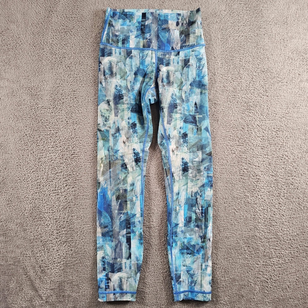Lululemon High Rise Leggings Blue Abstract Glitch Print Size 4 Yoga Pants